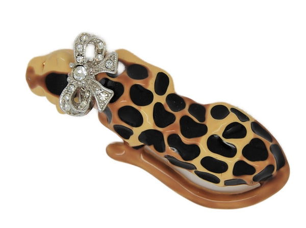 KJL Leopard Rhinestone Bow Black & Tan Enamel Vintage Figural Pin Brooch