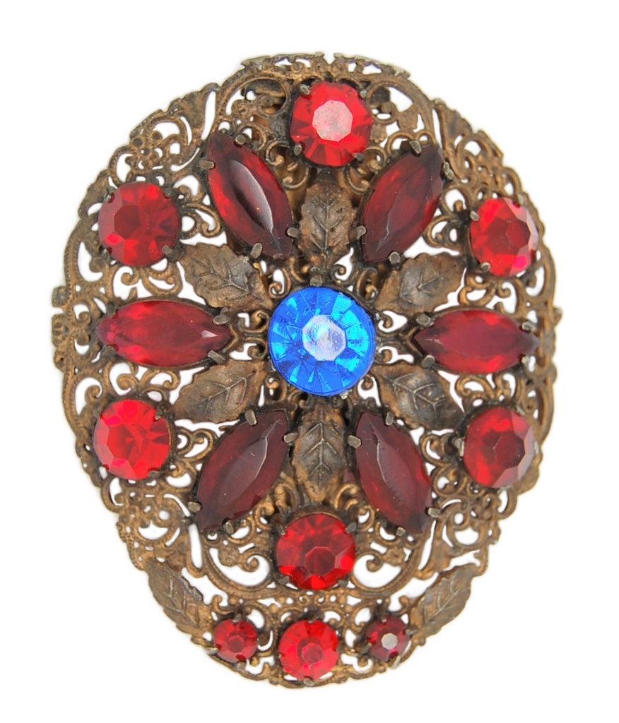 Art Deco Ruby Red Royal Blue Filigree Dress Clip Vintage Costume Pin Brooch 1920s