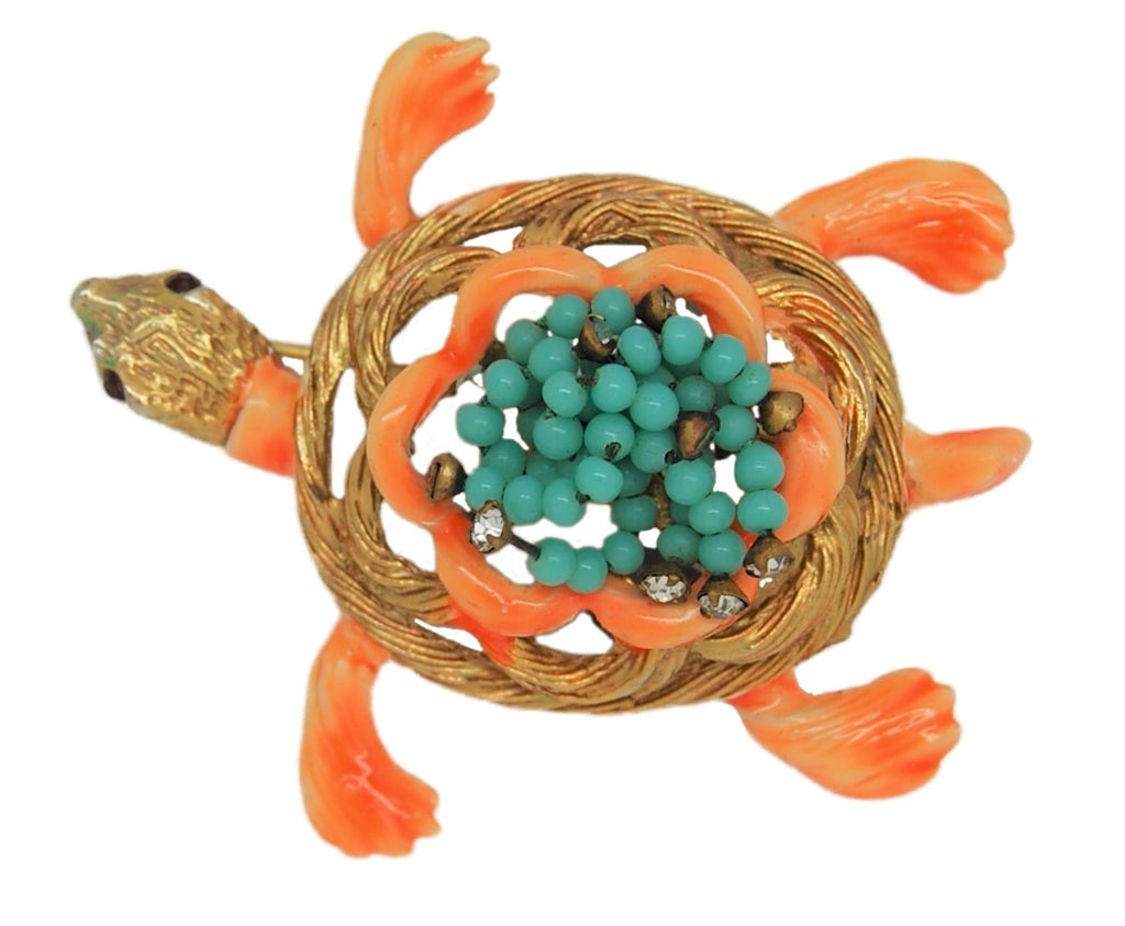 HAR Orange & Turquoise Turtle Vintage Figural Pin Brooch