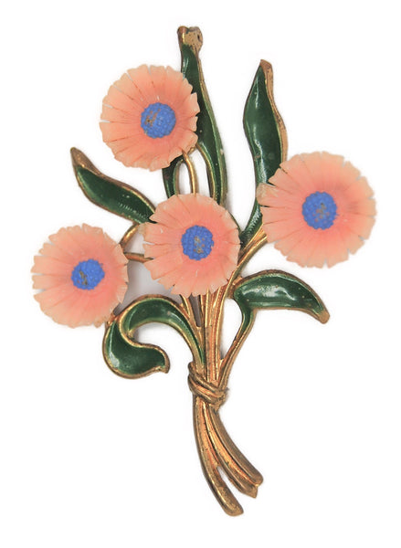 Floral Baby Pink Celluloid Flowers Bouquet Vintage Figural Brooch