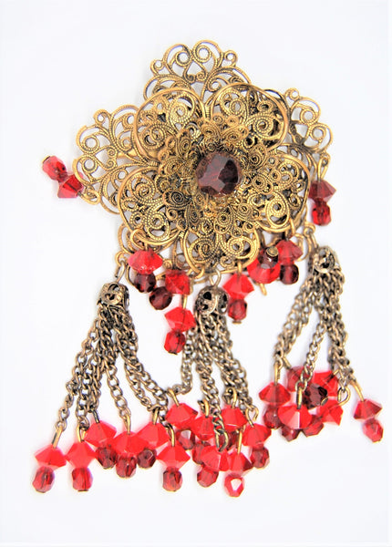 Filagree Layered Ruby Dangle Crystals Vintage Figural Brooch