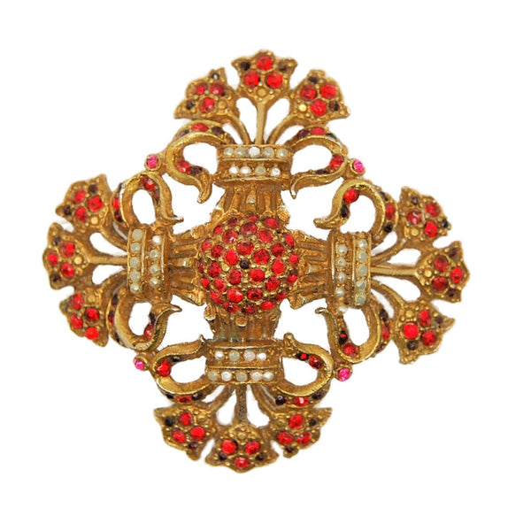 Art Deco Fanciful Maltese Rhinestone Pearl Pot Metal Vintage Figural Pin Brooch