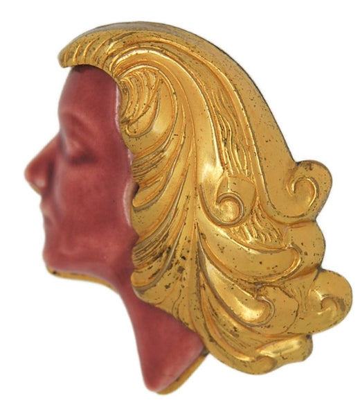 Art Deco Girl Ceramic & Gold Tone Plate Antique Figural Pin Brooch