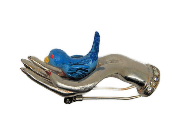 Reja Blue Bird in Hand Fur Clip Vintage Figural Pin Brooch HTF