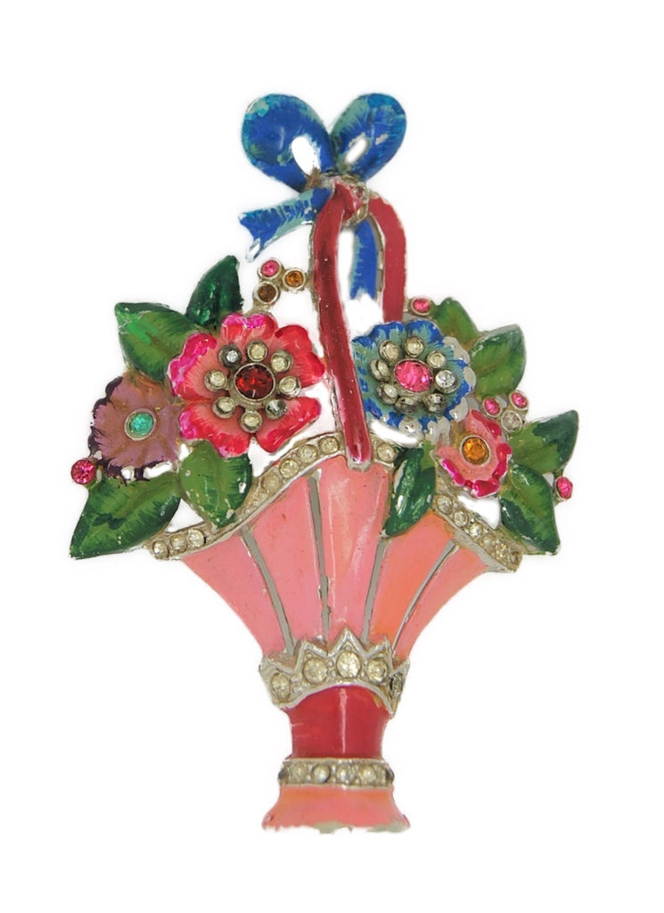 Coro Floral Basket Enamel Rhodium Vintage Figural Pin Brooch