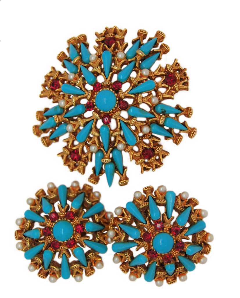 HAR Turquoise & Pearls Vintage Brooch & Earrings Set – Mink Road