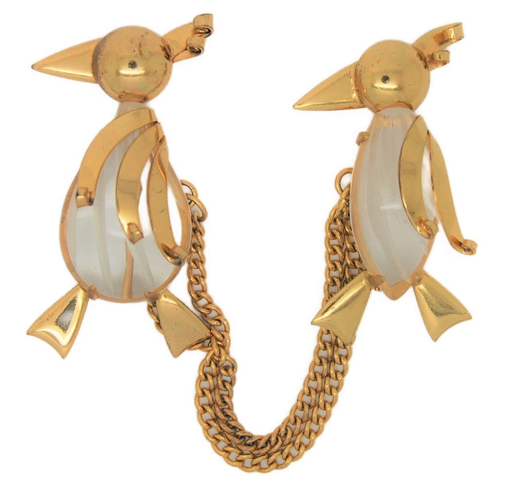 Art Deco Carved Lucite Jelly Belly Penguin Chatelaine Vintage Figural Pin Brooch Set