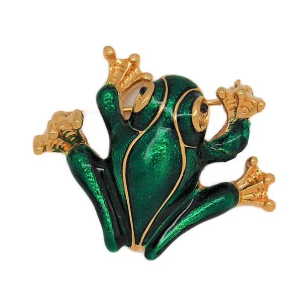 D'Orlan Bright Green Big-Eye Enamel Frog Vintage Figural Brooch