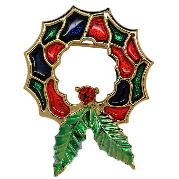 Beatrix BJ Christmas Stained Glass Enamel Wreath Figural 60s Brooch