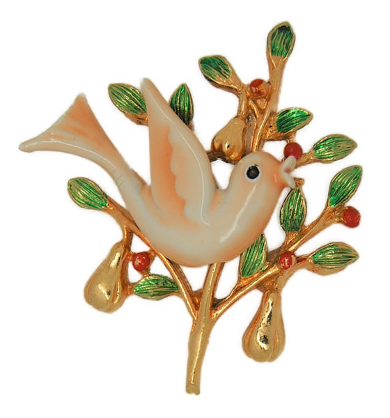 ART Partridge Pear Tree Enamel Vintage Figural Pin Brooch