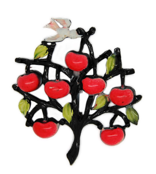Perched Bird Apple Tree Japanned Vintage Figural Brooch
