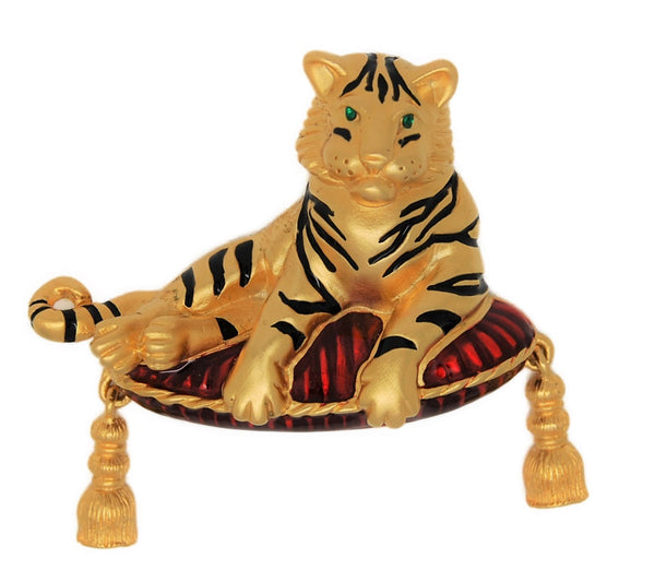 Bob Mackie Tiger Ruby Red Tasseled Pillow Vintage Figural Pin Brooch