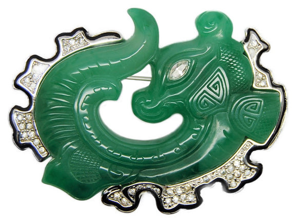 KJL Dragon Fish Jade Rhodium Vintage Figural Brooch - Special Edition