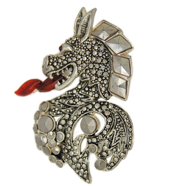 Weisner Marcasite Red Tongue Dragon Vintage Figural Brooch