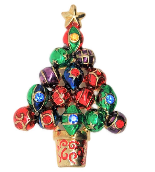 Christmas Tree Enamel & Rhinestone Ornament Holiday Vintage Figural Brooch