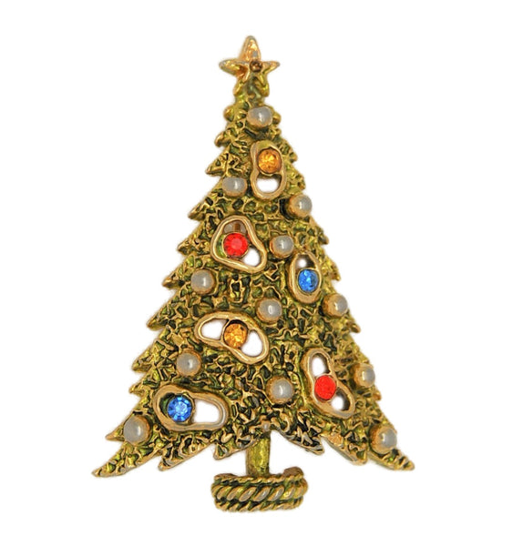 ART Abstract Gold Tone Rhinestones Pearls Tree Vintage Figural Pin Brooch