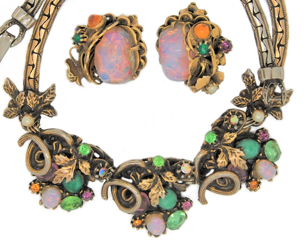 Art Deco 1940s Jeweled Opals Jade Emeralds Necklace & Earrings Set