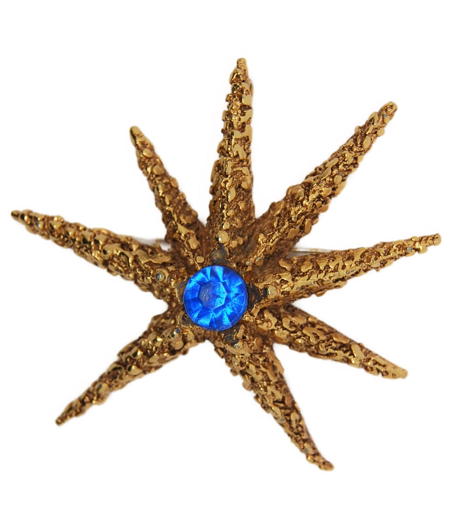 Capri Sun Starburst Gold Tone Royal Blue Cabochon Vintage Costume Figural Brooch