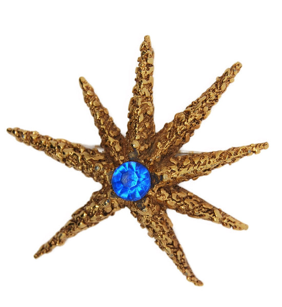 Capri Sun Starburst Gold Tone Royal Blue Cabochon Vintage Costume Figural Brooch