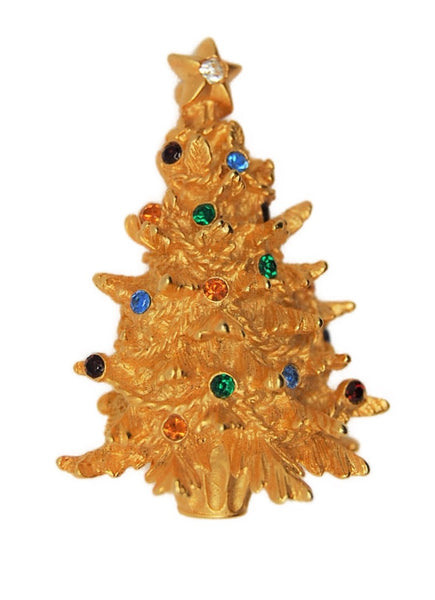 Merksamer Gold Tone Rhinestone Christmas Tree Figural Vintage Pin Brooch
