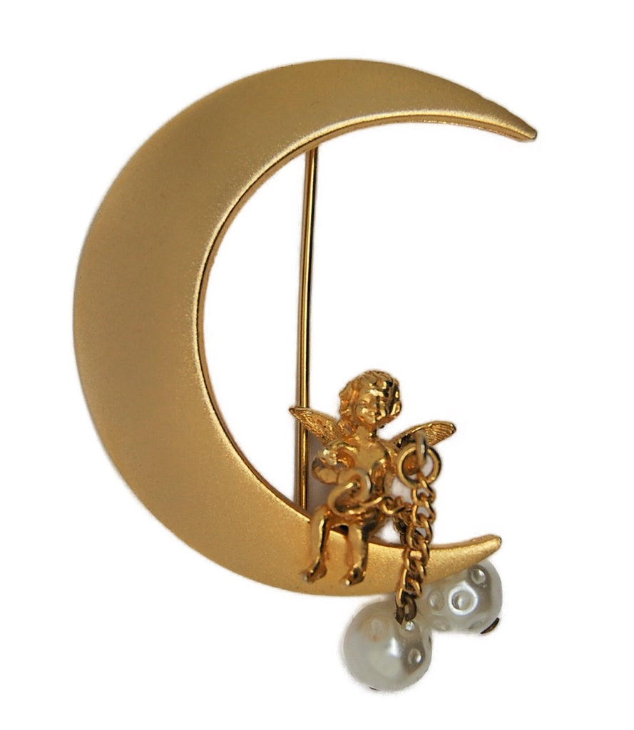 Jeanne Angel Moon Dangling Pearls Vintage Figural Pin Brooch