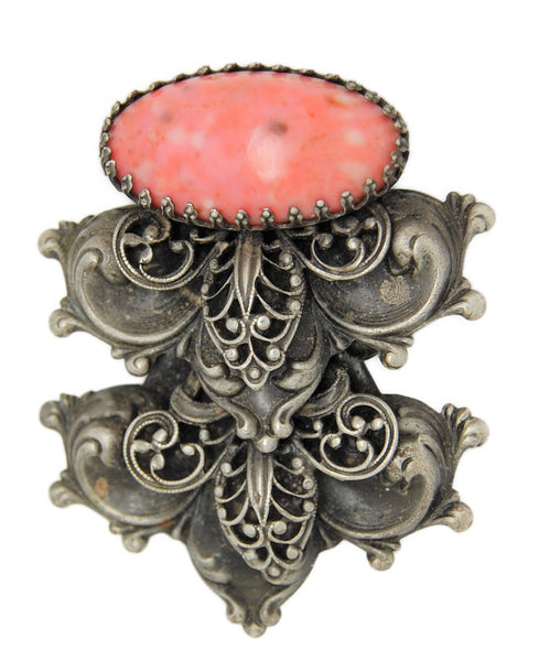 Art Deco Ornate Rhodochrosite Silver Plate Tiered Figural Vintage Pin Brooch