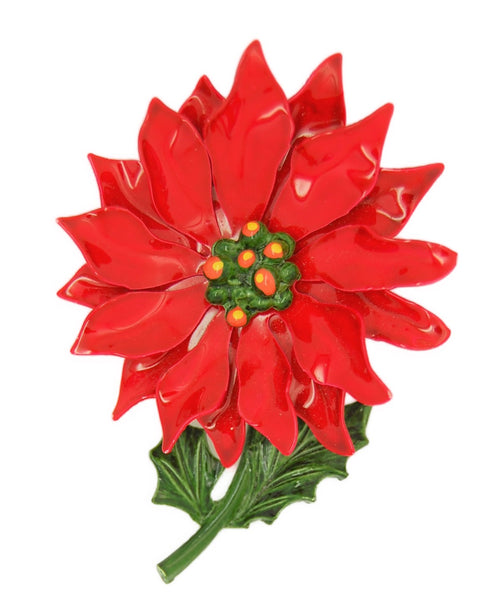Holiday Poinsettia Bright Scarlet Enamel Vintage Figural Brooch