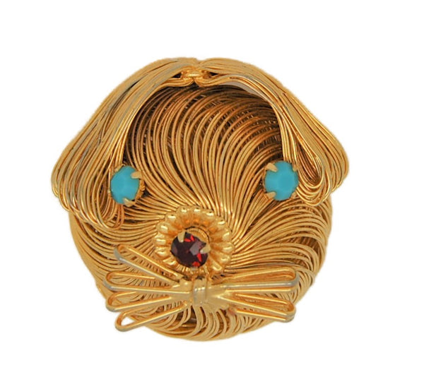 Jeanne Wire Work Cat Turquoise Eyes Vintage Figural Pin Brooch