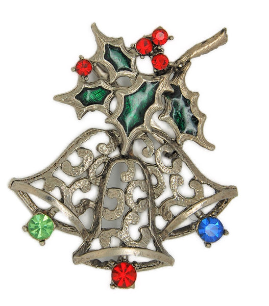 Beatrix BJ Christmas Holly Bells Vintage Figural Costume Brooch
