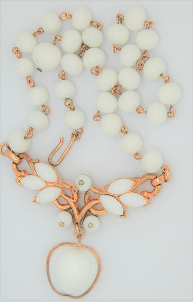 Trifari Milk Glass Apple Dangle Rose Gold Vintage Costume Figural Necklace