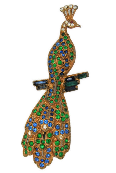 Art Deco Peacock Blue & Green Stone Pot Metal Vintage Figural Pin Brooch