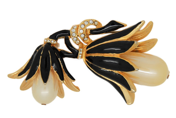Corocraft Double Black Enamel Pearls Lotus Flower Vintage Figural Brooch