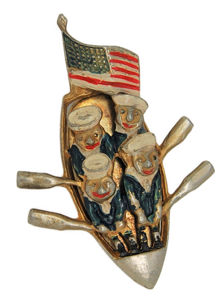 American Flag Sailors Rowboat Patriotic WW2 Vintage Figural Pin Brooch 1930s