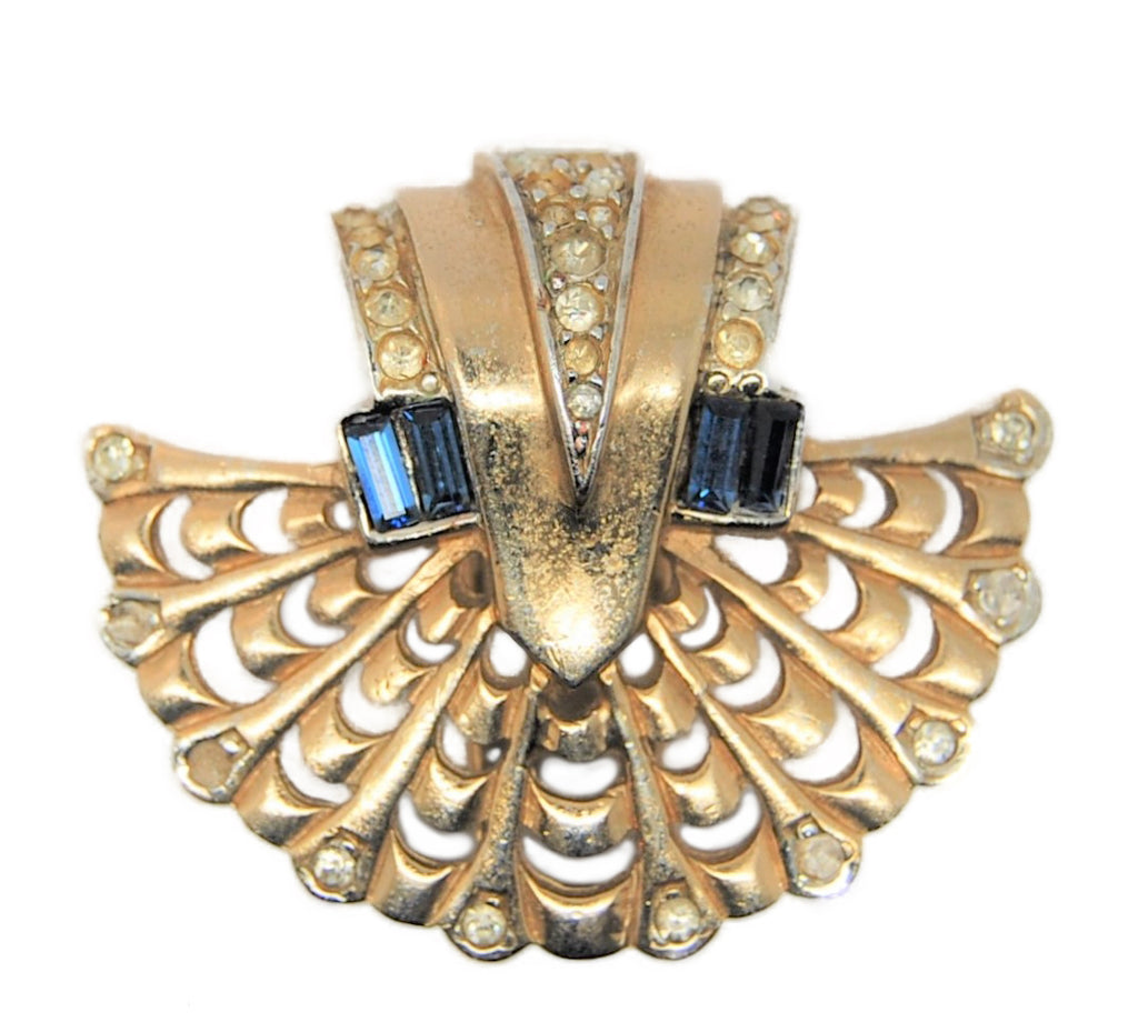 Boucher Fan Sapphire & Clear Stones Fur Clip Vintage Figural Pin Brooch