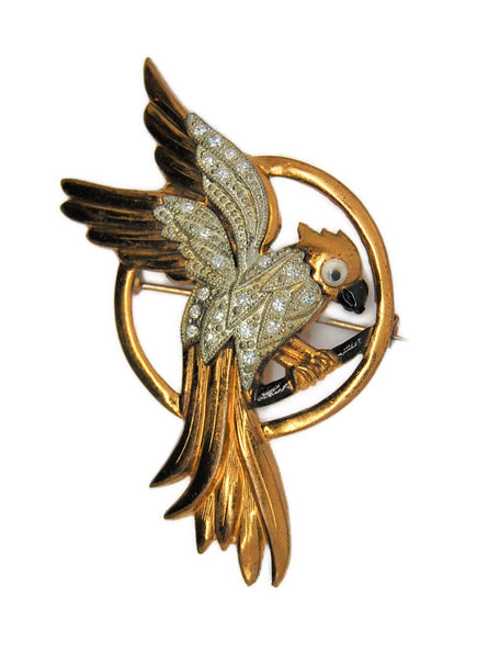 Swinging Parrot Gold Tone Marcasite Vintage Figural Pin Brooch
