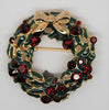 Claiborne Christmas Wreath Green Enamel Ruby Rhinestones Vintage Figural - 80's