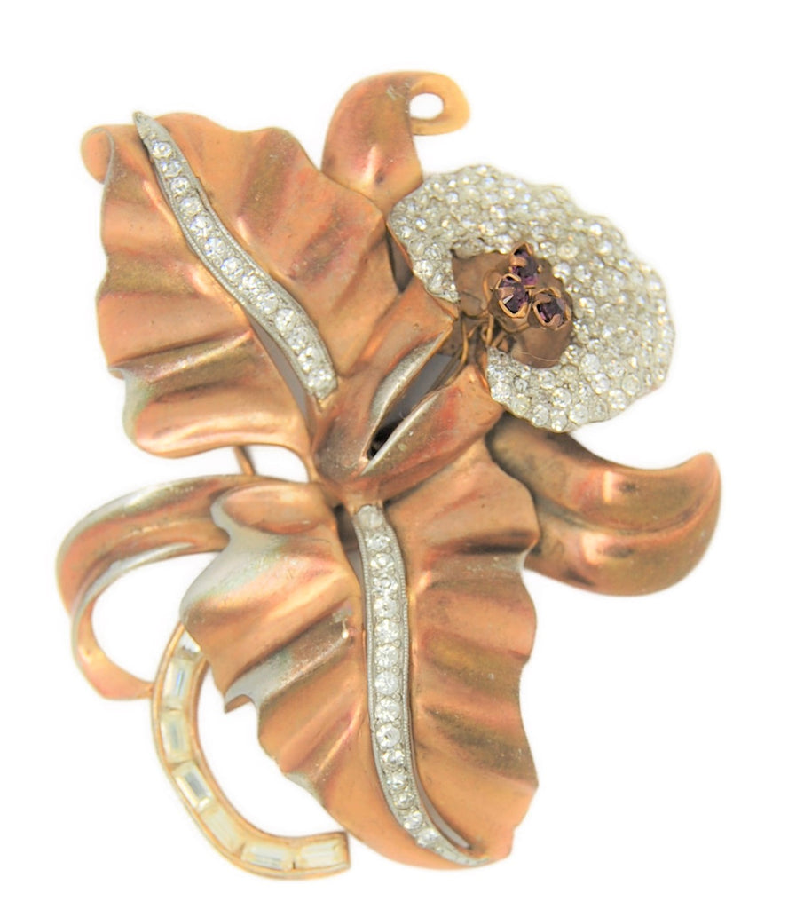 Eisenberg Ice Rose Gold Rhinestone Pave Orchid Vintage Figural Pin Brooch