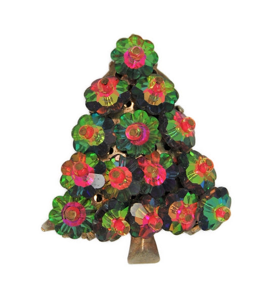 Christmas Watermelon Rivoli Purple Green Crystal Holiday Tree Vintage Brooch