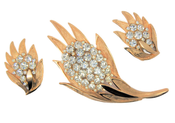 Trifari Floral Icy Rhinestones Blossom Vintage Figural Brooch & Earring Set