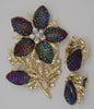 Francois Coro Iridescent Purple Blue Waffle Stones Vintage Brooch & Earrings