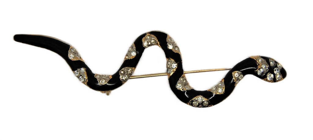 Black & Diamond Rhinestone Snake Vintage Figural Costume Brooch