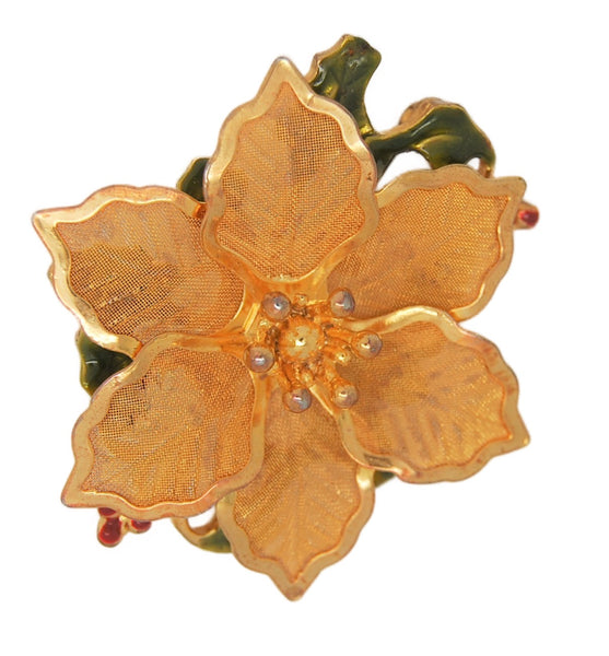 KC Gold Mesh Poinsettia Holly Christmas Vintage Figural Brooch