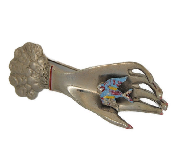 Art Deco Bird in Hand Enamel & Rhodium Vintage Figural Pin Brooch