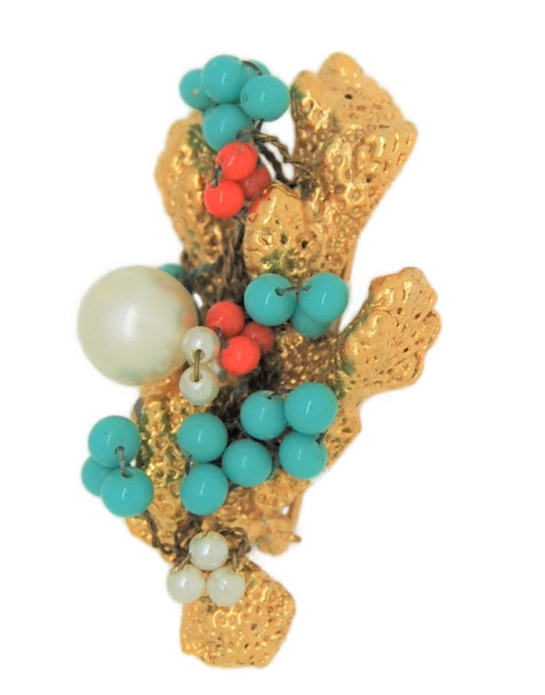 Castlecliff Coral Turquoise Beads Pearls Vintage Costume Figural Pin Brooch