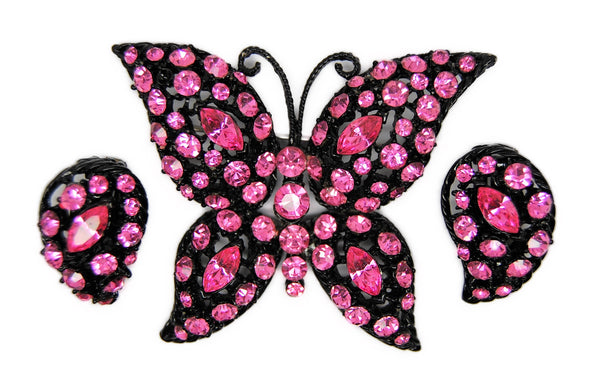 Weiss Butterfly Demi Sparkling Fuchsia Vintage Figural Earrings & Brooch