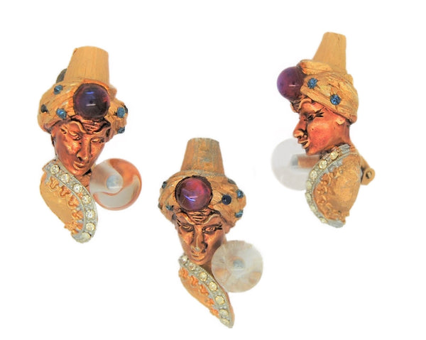 Har Aladdin Turbaned Genie Vintage Costume Figural Brooch & Earrings