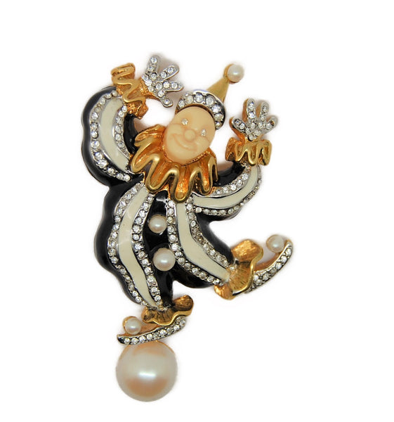 KJL Balancing Pearl Clown Black & White Enamel Vintage Costume Figural Pin Brooch