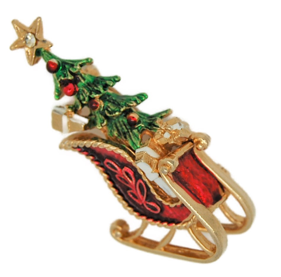 Christmas Holiday Speedy Santa Sleigh Tree Vintage Figural Pin Brooch
