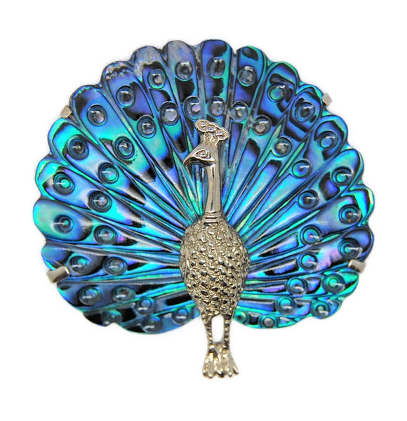 MOP Peacock Silver Tone Vintage Costume Figural Brooch