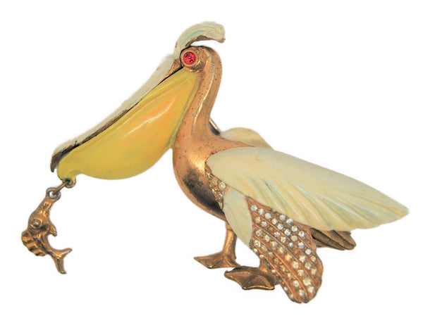 Art Deco Mechanical Pelican Enamel Vintage Figural Pin Brooch 1939